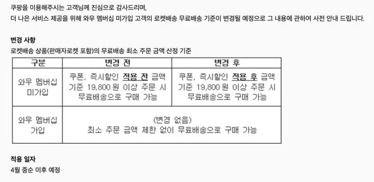 [서울=뉴시스] 쿠팡 이 고객 공지사항을 통해 일반회원의 무료 로켓배송 기준 변경을 알렸다. (사진= 쿠팡) 2026.03.17. photo@newsis.com *재판매 및 ...
