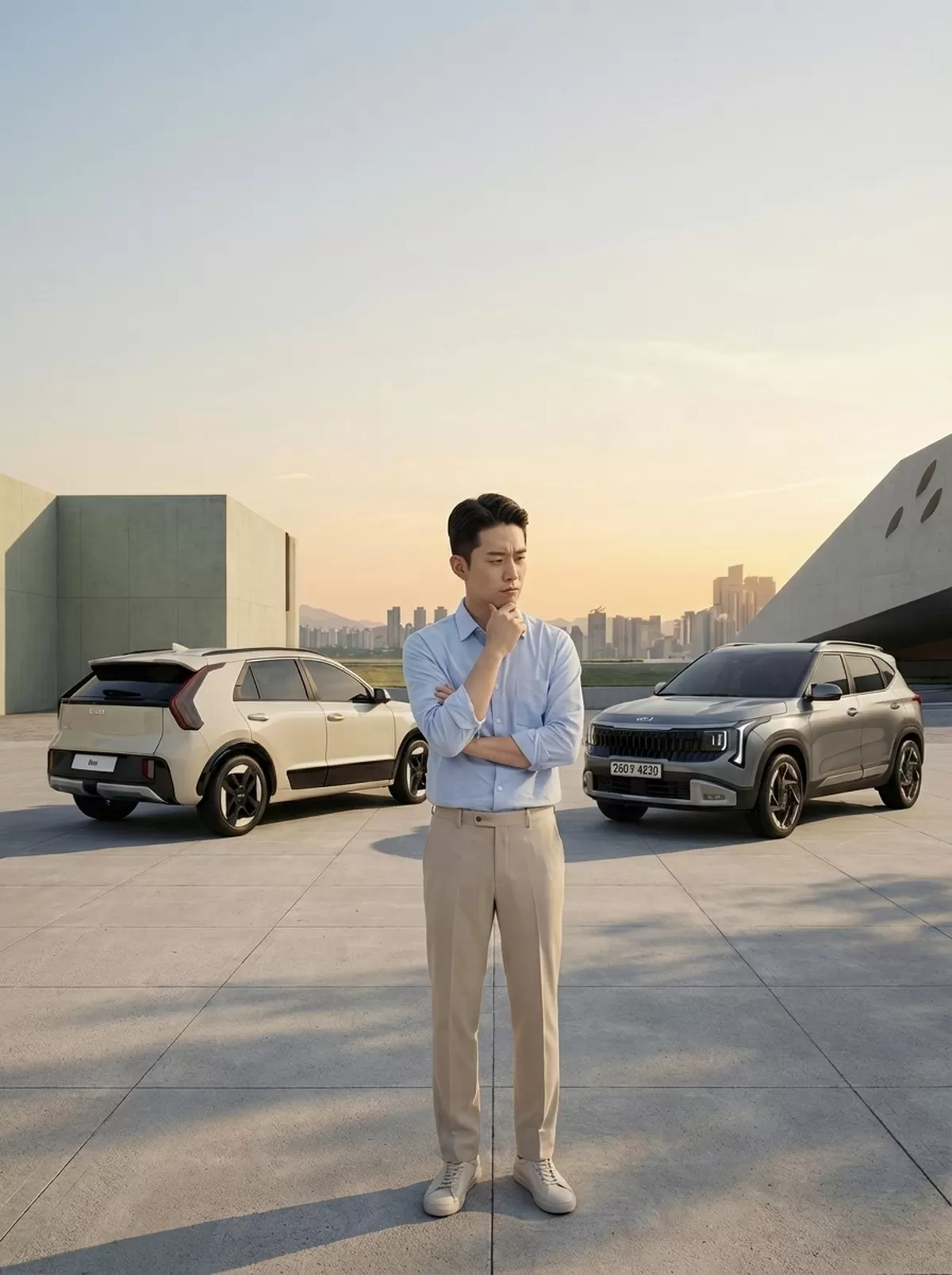 A professional automotive advertisement photo featuring a young Asian man in a light blue shirt a...