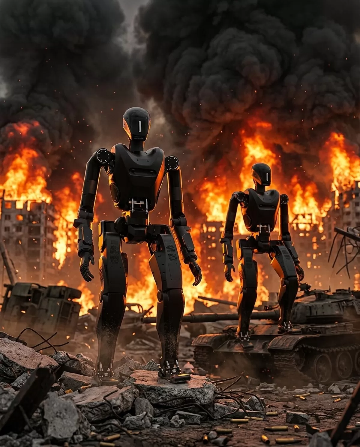 Two advanced military combat robots deployed on an intense battlefield with dramatic flames and f...