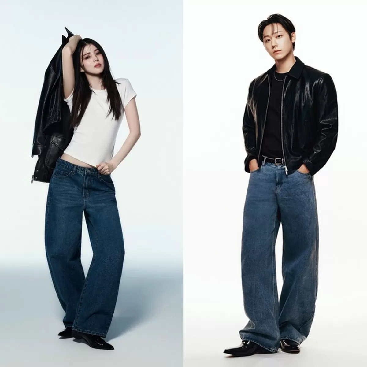 무신사스탠다드 커브드 데님 팬츠를 착용한 배우 한소희와 이도현. [무신사스탠다드]