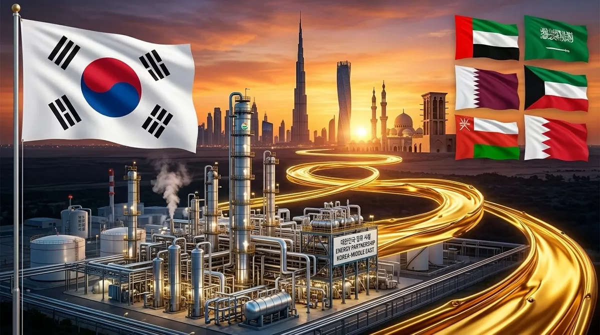 A powerful and professional news thumbnail image depicting Korea-Middle East energy partnership. ...