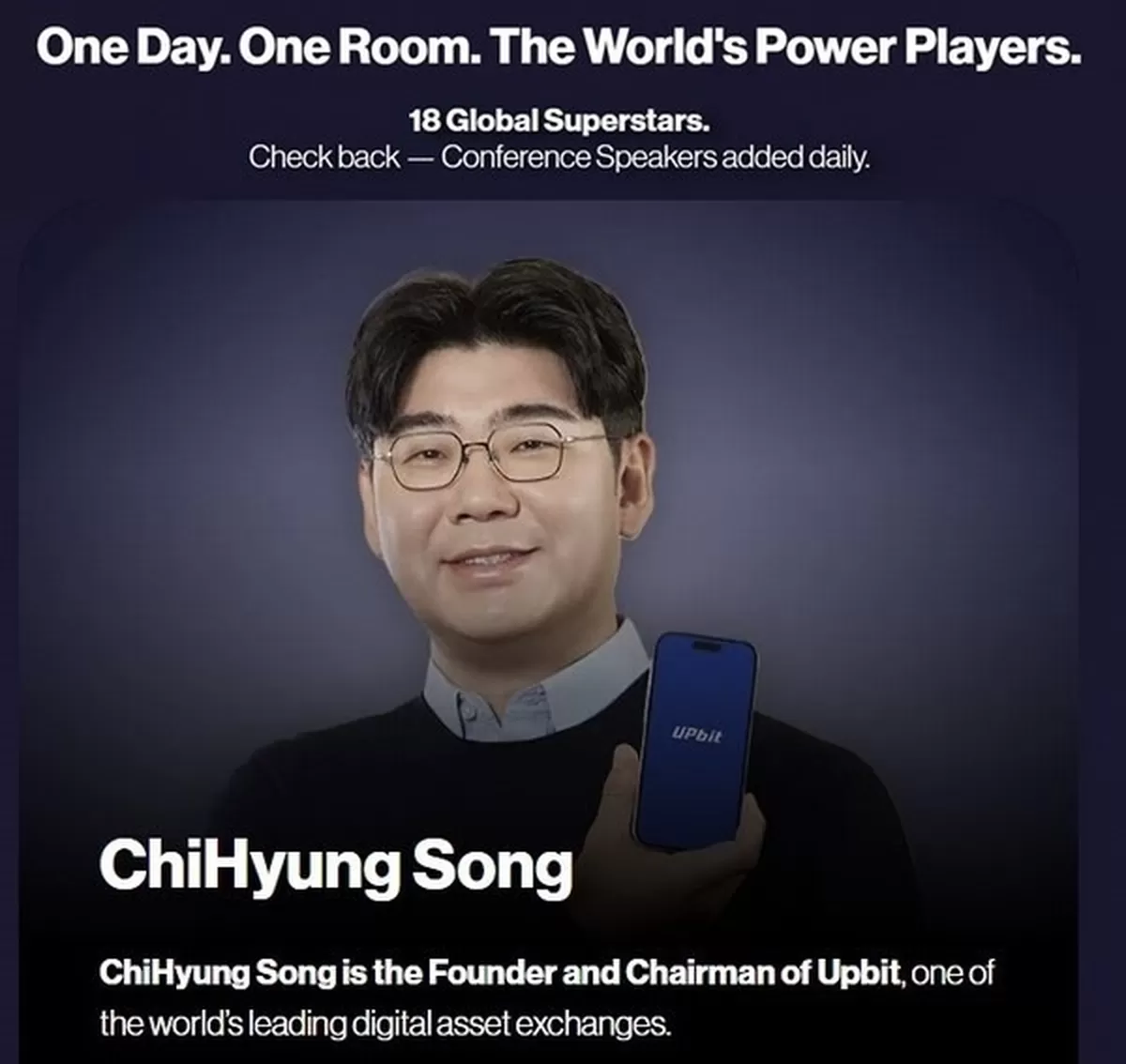 밈코인 프로젝트인 오피셜 트럼프($TRUMP)가 이번 행사에 초청된 18명의 연사 중 한명으로 송치형 회장을 소개하고 있다. [출처=오피셜 트럼프 공식 홈페이지]