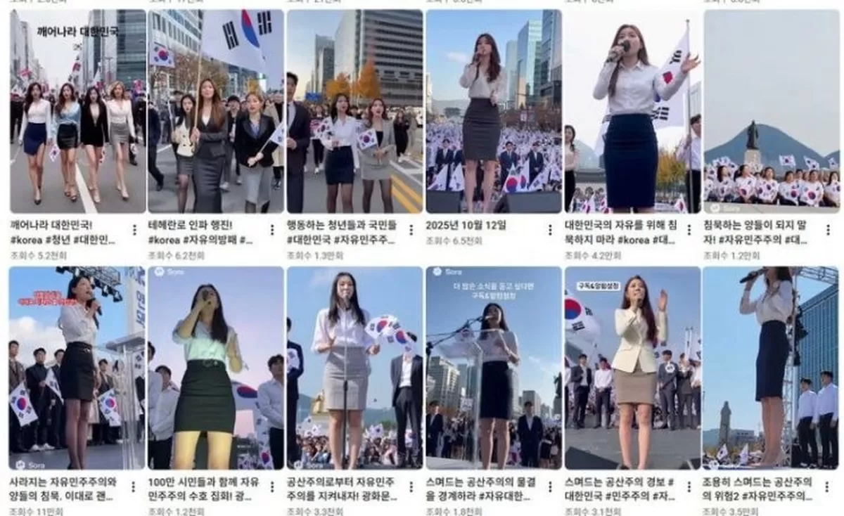 윤어게인 실제 집회 현장에 짧은 치마를 입고 태극기를 들고 있는 여성의 이미지를 합성한 보수 유튜브 채널. 유튜브 캡처