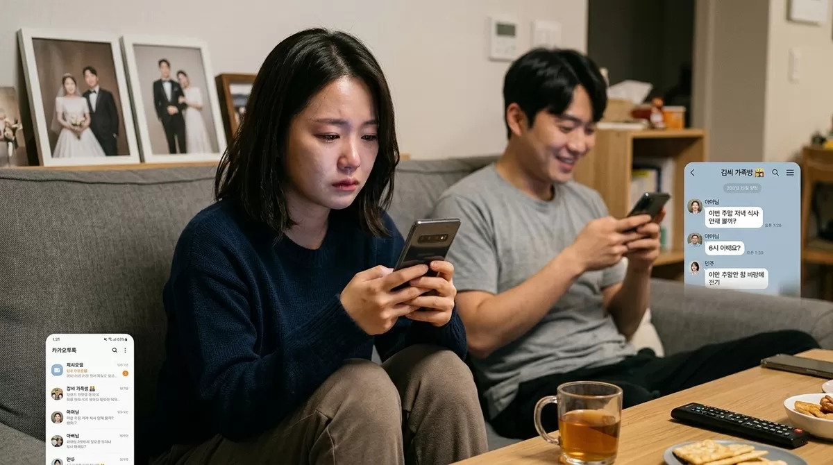 Young couple, family chat room