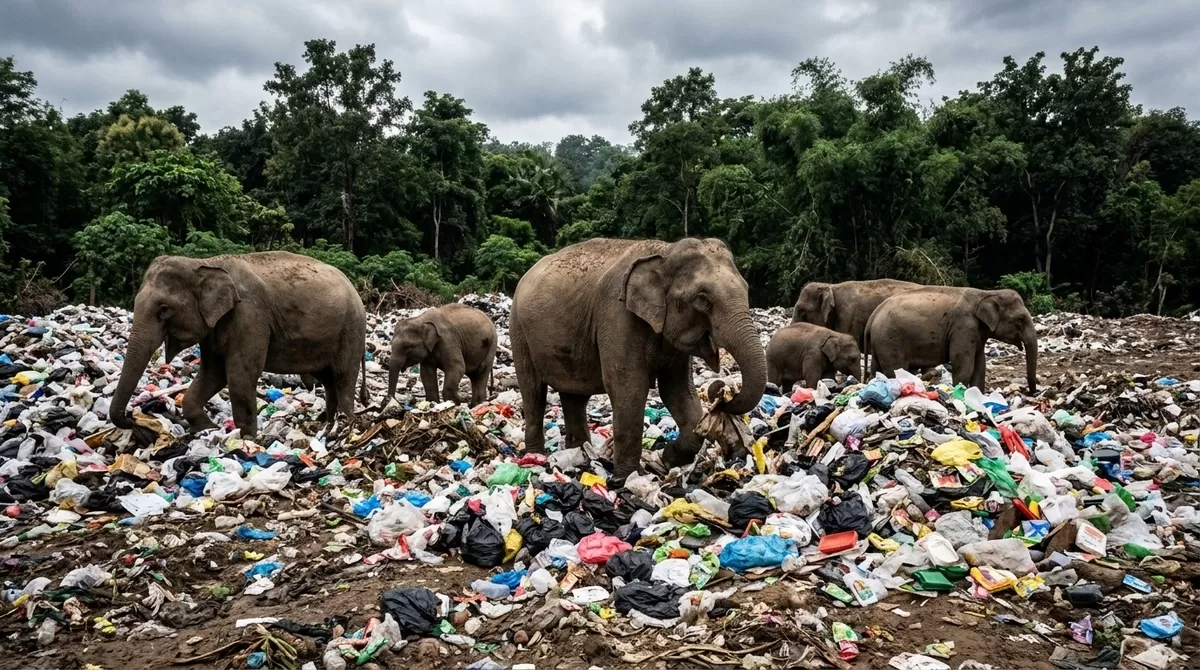 Elephant searching trash for food