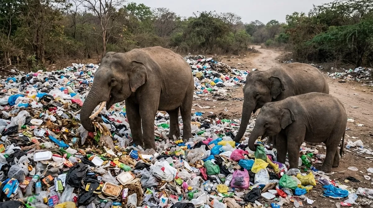 Elephant searching trash for food
