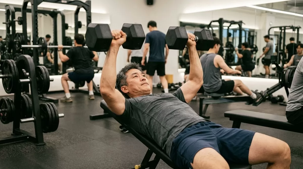 중년 헬스장 근력운동
