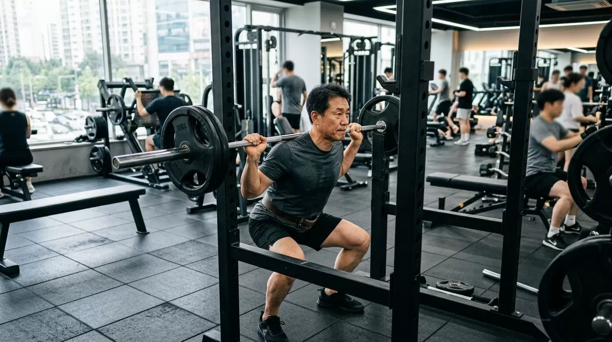 중년 헬스장 근력운동