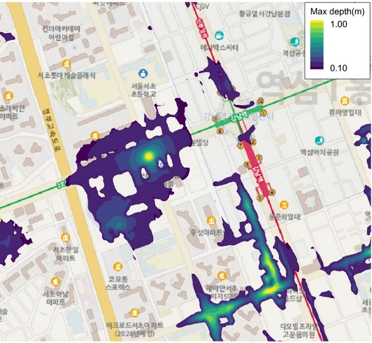 강남역 폭우 시뮬레이션 결과... “시간당 100mm 오면 최대 1m 침수될 수 있어”