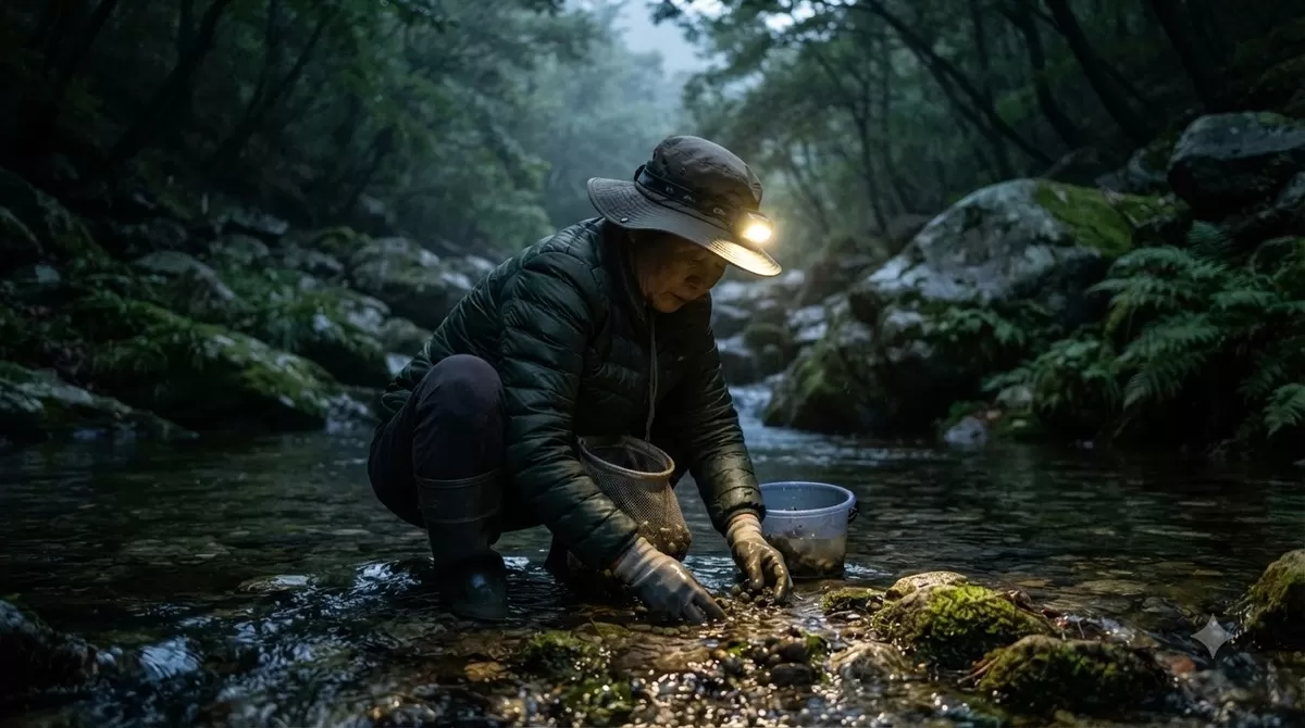 Woman collecting snails in valley