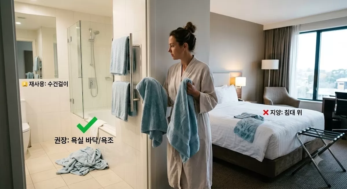 A candid, high-resolution photo capturing a conflicted female hotel guest in a modern, well-appoi...