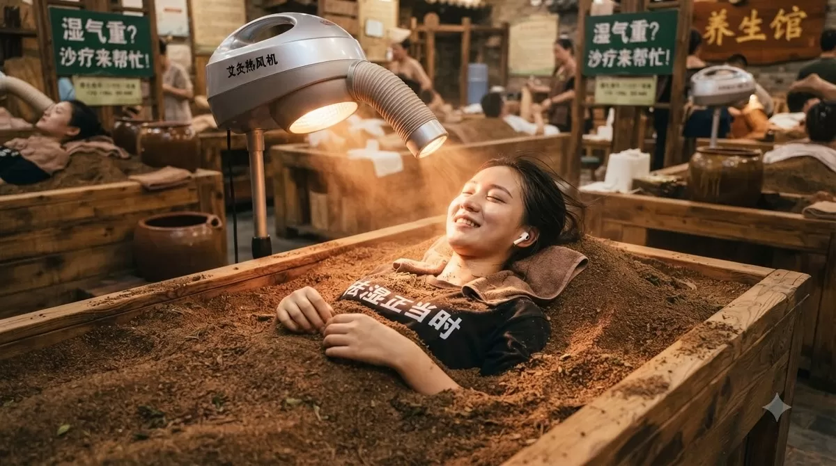 Person in sand bath