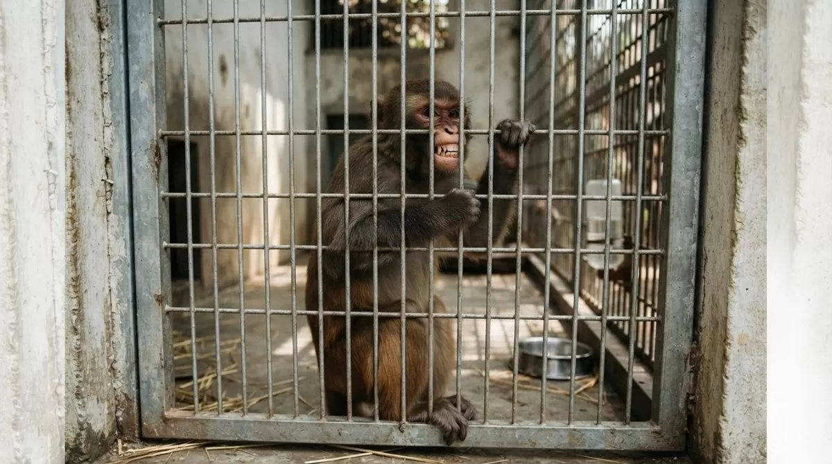 Agitated monkey in cage