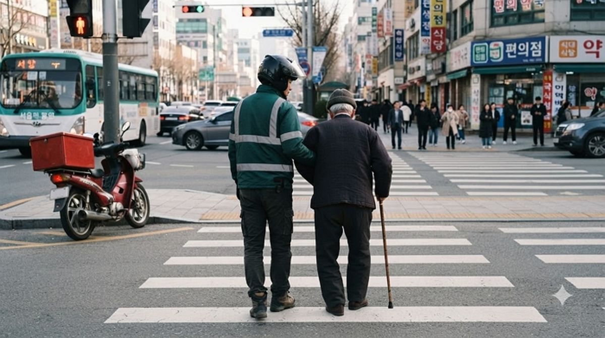 “빨간불인데 어쩌나”... 횡단보도 갇힌 노인 보고 오토바이 세운 배달기사