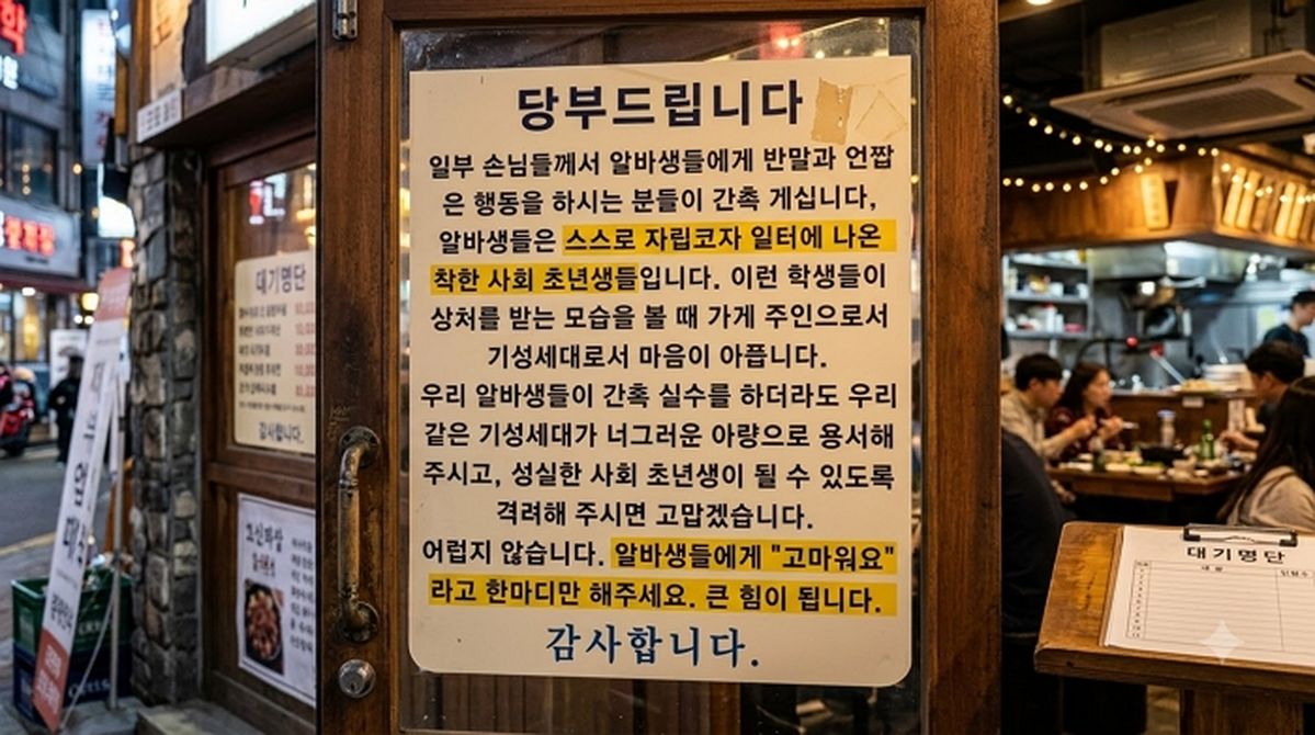 알바생에게 ‘고마워요’ 한마디만... 식당 사장이 손님들에게 출입문에 직접 남긴 부탁