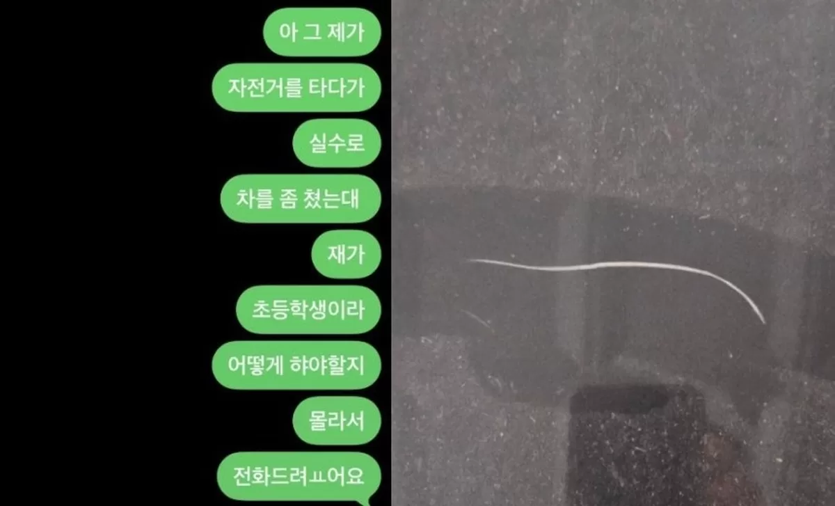 초등학교 4학년생이 차량을 실수로 긁은 뒤 차주에게 보낸 문자 메시지(왼쪽)와 차량에 난 흠집. 보배드림