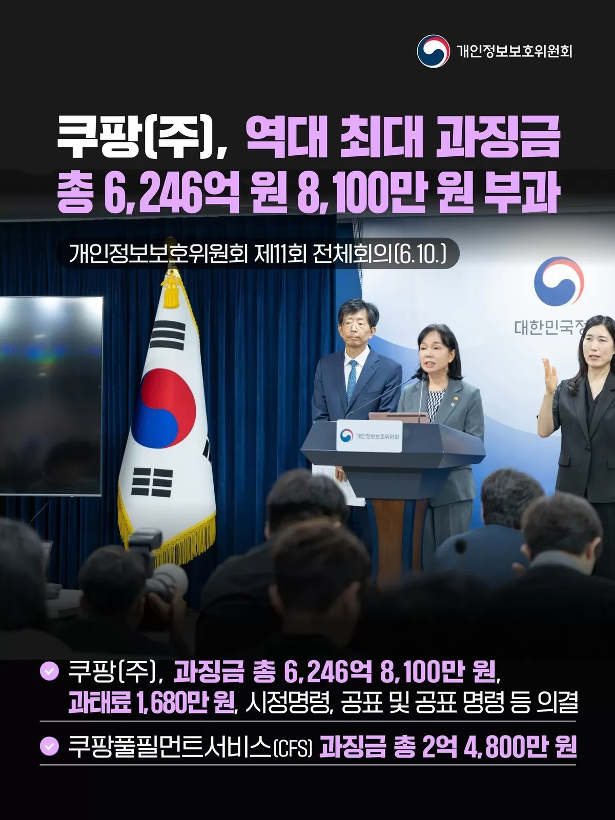 개인정보보호위원회가 공개한 쿠팡 개인정보 유출·침해 제재 처분 내용 / 개인정보보호위원회
