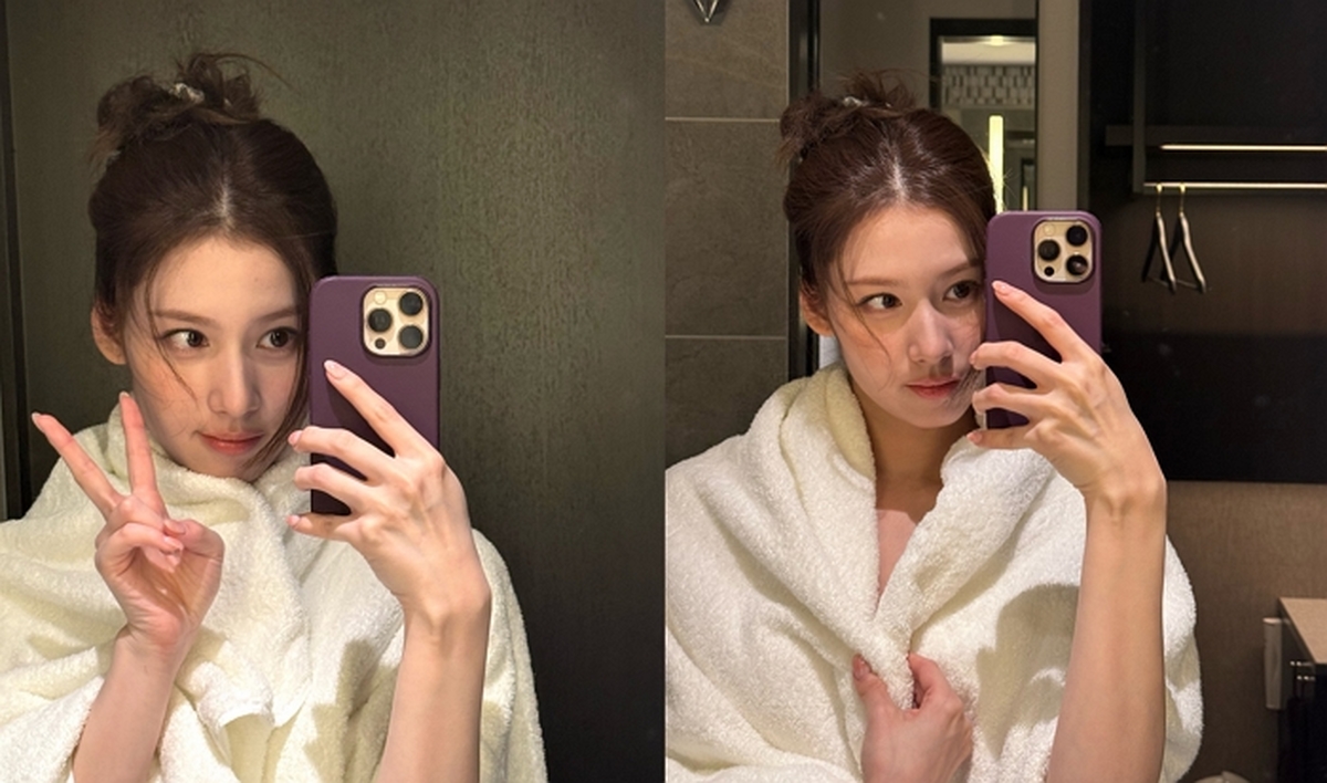 트와이스 사나, 샤워타월 하나로 완성한 '거울 셀카'... 도자기 피부 눈길