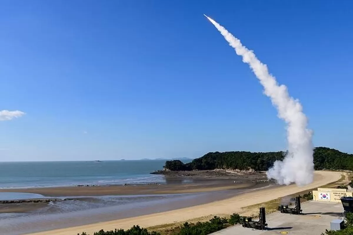In the West Sea region, a Cheongung II surface-to-air guided missile is fired at a simulated targ...