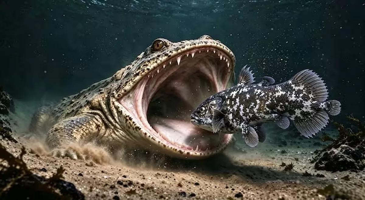 약 2억3700만 년 전 바다에 살았던 고대 양서류 ‘게로토락스 마리티무스(Gerrothorax maritimus)’, 해저에서 실러캔스 물고기를 입으로 빨아들여 사냥하는 모...